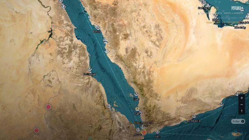 Satellite map of the Red Sea basin on the Red Sea Futures event map, with port icons along both coasts and red and orange incident markers in Sudan and at Bab el-Mandeb.